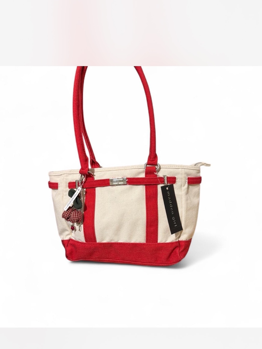Madden Girl Cream Canvas Tote with Red Trim and Straps